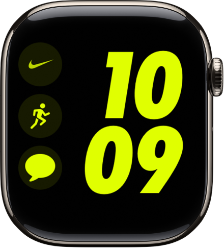 Ciferník Nike digitální. Napravo je velkými číslicemi zobrazen čas. Na levé straně je v levém horním rohu umístěná komplikace aplikace Nike, uprostřed komplikace Cvičení a dole komplikace Zprávy.