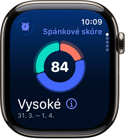 Obrazovka spánkové skóre se zobrazením skóre uprostřed. Hodnocení a čas strávený spánkem se zobrazuje vlevo dole na obrazovce