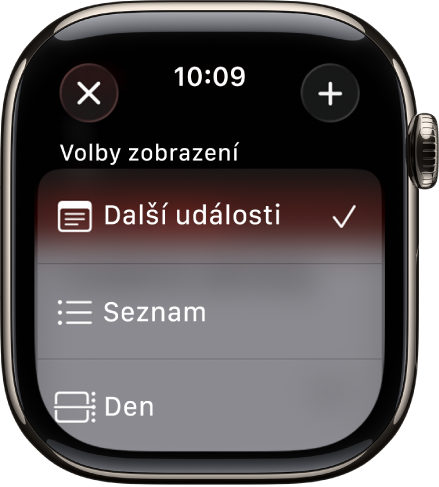 Obrazovka kalendáře s volbami zobrazení – Nadcházející, Seznam a Den. Vpravo nahoře je tlačítko Přidat.