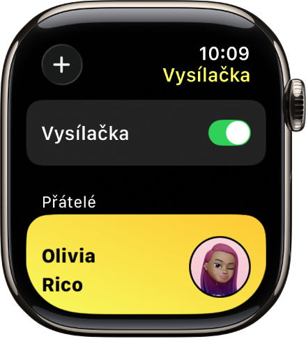 Obrazovka Vysílačka zobrazující v horní části přepínač Vysílačka a v dolní části jméno přítele