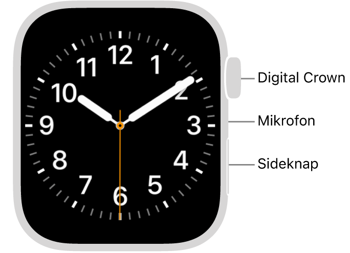 Forsiden af Apple Watch Series 9, hvor skærmen viser urskiven og Digital Crown, mikrofonen og sideknappen fra øverst til nederst på siden af uret.