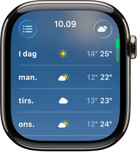 Skærmen med vejrudsigten for de næste ti dage, der viser fire dage med de anslåede laveste og højeste temperaturer.