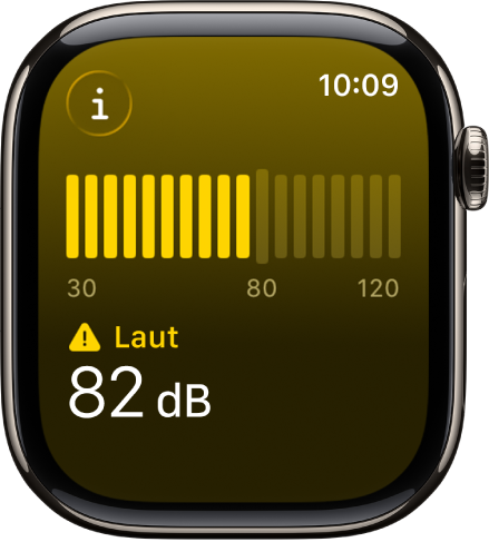Die App „Geräusche“ zeigt einen Geräuschpegelmesser und einen Geräuschpegel von 89 Dezibel mit dem Wort „Laut“ darüber.