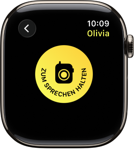 Die App „Walkie-Talkie“ mit einer großen Sprechtaste in der Mitte. Auf der Sprechtaste steht: „Zum Sprechen gedrückt halten“.