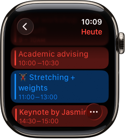 App „Kalender“ mit der Ereignisliste für den Tag. Die Farbe eines Ereignisses gibt den Kalender an, zu dem es gehört.