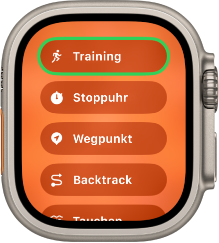 Der Schnellwechsel-Bildschirm zeigt die Aktionen an, die der Aktionstaste zugewiesen werden können, wie zum Beispiel „Training“, „Stoppuhr“ und „Wegpunkt“.