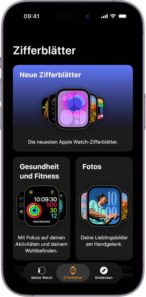 In der geöffneten Apple Watch-App ist die Zifferblattgalerie zu sehen. In der oberen Reihe befinden sich die neuen Zifferblätter, in den folgenden Reihen nach dem Typ gruppierte Zifferblätter – beispielsweise „Gesundheit“, „Fitness“ und „Fotos“. Durch Scrollen kannst du dir weitere nach Typ gruppierte Zifferblätter ansehen.