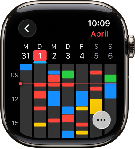 Die App „Kalender“ mit den Ereignissen für die Woche. Die Farbe jedes Ereignisses gibt den Kalender an, zu dem es gehört. Der Monatsname ist oben rechts und die Wochen- und Monatstage stehen in einer Reihe oben. Ganztägige Ereignisse sind mit einem Strich unterhalb des jeweiligen Datums markiert. Eine Linie quer durch die Woche gibt die aktuelle Zeit an. Unten rechts befindet sich die Taste „Mehr“.