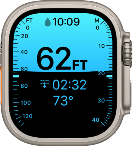 A Depth screen on Apple Watch Ultra, showing the current depth, elapsed time, and water temperature.