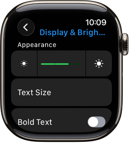 Display & Brightness settings on Apple Watch, with the Brightness slider at the top, and the Text Size button below.