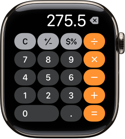 El Apple Watch mostrando la app Calculadora. La pantalla muestra un teclado numérico con funciones matemáticas a la derecha. En la parte superior se encuentran los botones C, más, menos y de propina.