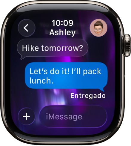 Una conversación de mensajes. El botón App y el campo del mensaje están en la parte inferior.