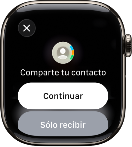 La pantalla de NameDrop mostrando dos botones: Continuar, que te permite recibir un contacto al mismo tiempo que envías tu información; y Solo recibir, que permite solamente recibir la información de la otra persona.