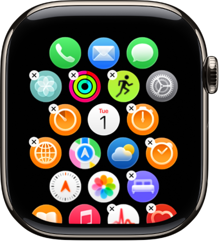 Pantalla Disposición de la app Apple Watch con un mosaico de iconos.