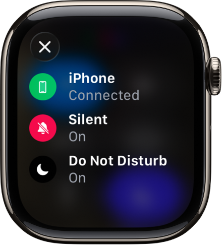 Los detalles del estado, que muestran que el iPhone está conectado, que Mensajes está usando la ubicación y que los modos Silencio y “No molestar” están activados.
