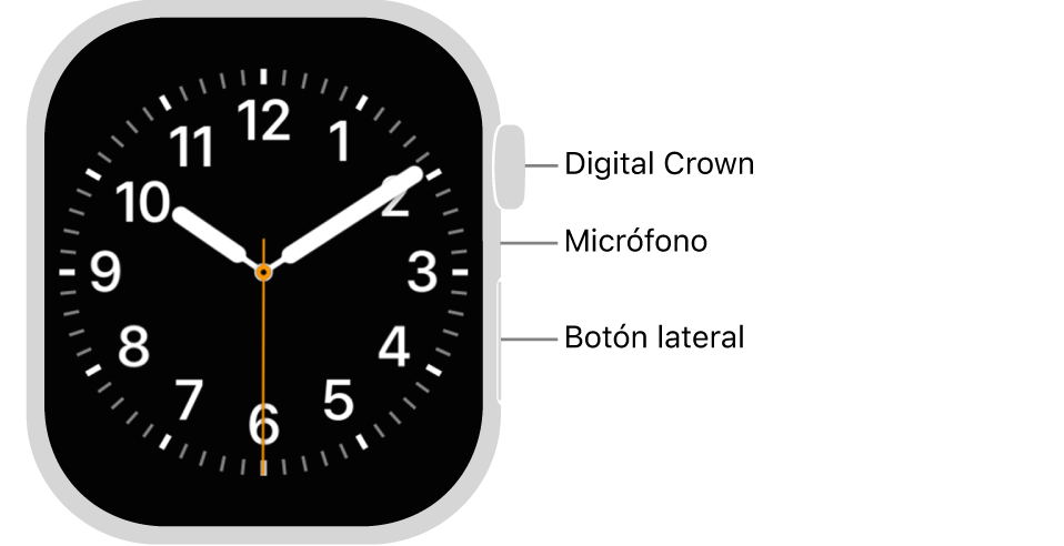 El frontal del Apple Watch Series 11, con la pantalla que muestra la esfera, y la corona Digital Crown, el micrófono y el botón lateral de arriba abajo en el lateral del reloj.