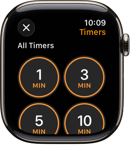 La pantalla de la app Temporizador, con el botón de añadir para crear un nuevo temporizador y temporizadores rápidos de 1, 3, 5 o 10 minutos.