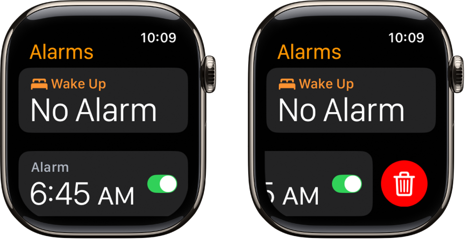 Dos pantallas del reloj en las que se muestra el proceso para eliminar una alarma:
