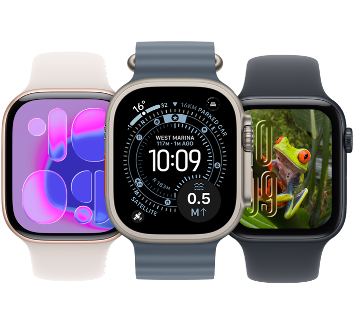 De izquierda a derecha, un Apple Watch con la esfera Flujo, un Apple Watch Ultra con la esfera Punto de referencia y un Apple Watch con la esfera Fotos.