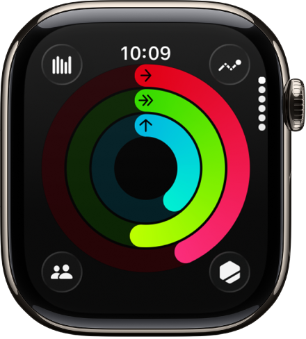 La pantalla Actividad, con los anillos Movimiento, Ejercicio y “De pie”.