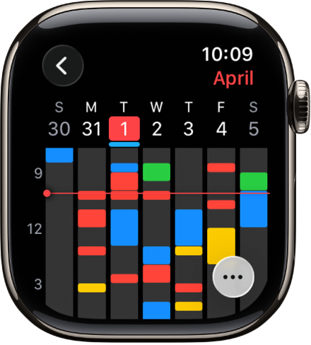 La app Calendario con los eventos de la semana. Cada evento es del color del calendario al que pertenece. El nombre del mes se muestra arriba a la derecha y los días y fechas se extienden a lo largo de la parte superior. Todos los eventos del día aparecen mercados con una barra debajo de la fecha de cada día. Una línea atraviesa la semana para indicar la hora actual. Abajo a la derecha se muestra el botón Más.