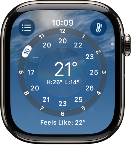 Rakenduses Weather kuvatakse tunnipõhist temperatuuriennustust.