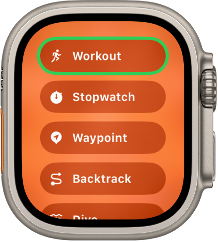 Kuvas Quick Switch on toimingud, mida saab määrata toimingunupule, nt Workout, Stopwatch, Waypoint ja Backtrack.