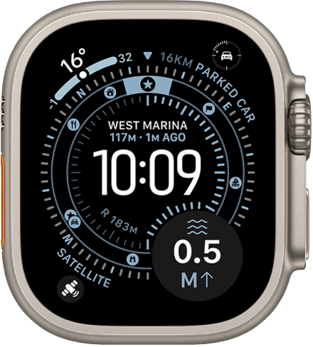 Apple Watch Ultras kuvatakse kellakuva Waypoint ning alumises paremas nurgas on satelliidikomplikatsioon.