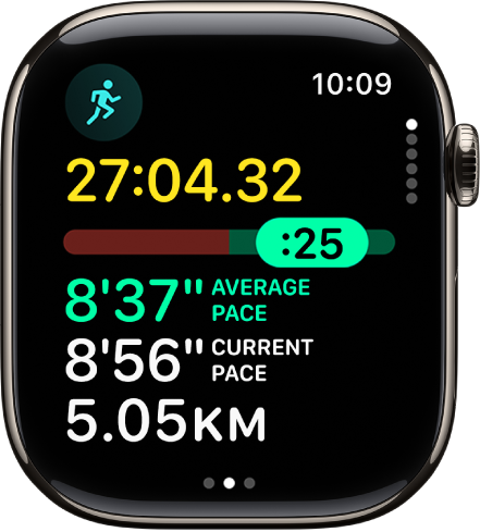 Apple Watchi rakenduses Workout kuvatakse treeningu Outdoor Run vaadet Pacer. Ülaosas on jooksu kestus. Selle all on liugur, mis tähistab, kui palju olete oma tempost ees või maas. All on mõõdikud Average Pace, Current Pace ja distants.