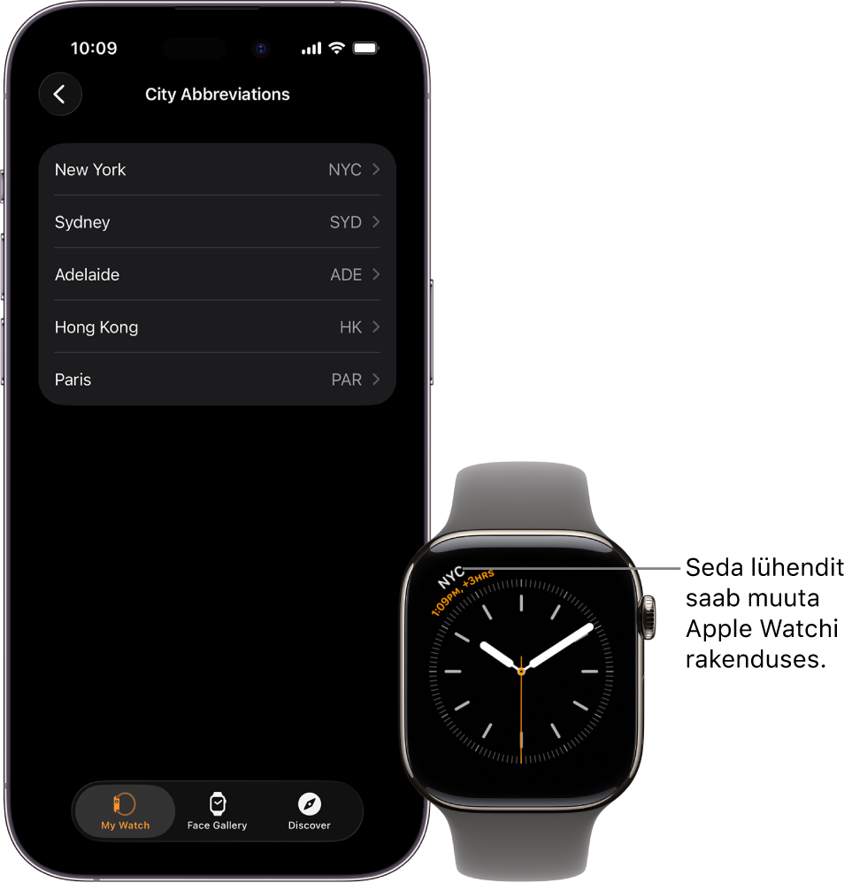 iPhone ja Apple Watch, üksteise kõrval. Apple Watchi ekraanil kuvatakse New York City kellaaega, kasutades lühendit NYC. iPhone'i ekraanil on rakendusest Apple Watch valitud Clock-seadete alt linnade loend.