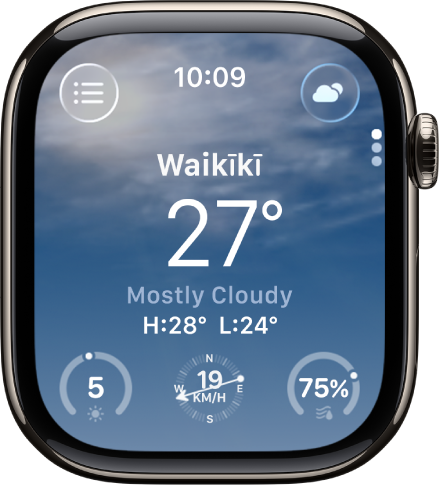 Rakenduses Weather kuvatakse ülevaadet päeva ilma kohta. Asukoha nimi kuvatakse hetketemperatuuri kohal. All on kolm nuppu – UV Index, Wind Speed ja Precipitation. Üleval vasakul on nupp Location List ning üleval paremal nupp Conditions.