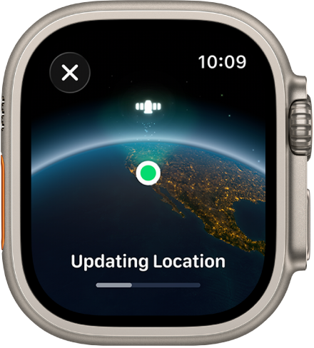 Kuva ‘Updating Location’ edenemisribaga ning vaade Maale kosmostest rohelise asukohatähise punktiga.