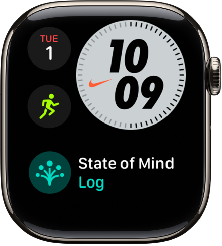 Kellakuvas Nike Compact on üleval vasakul pev ja kuupäev, üleval paremal kellaaeg, keskel vasakul komplikatsioon Workout ning komplikatsioon Timers.