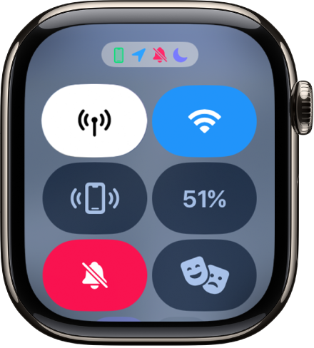 Control Centeri olekuikoonid näitavad, et iPhone on ühendatud, ning funktsioonide Location Services, Silent Mode ja Do Not Disturb olekuid.