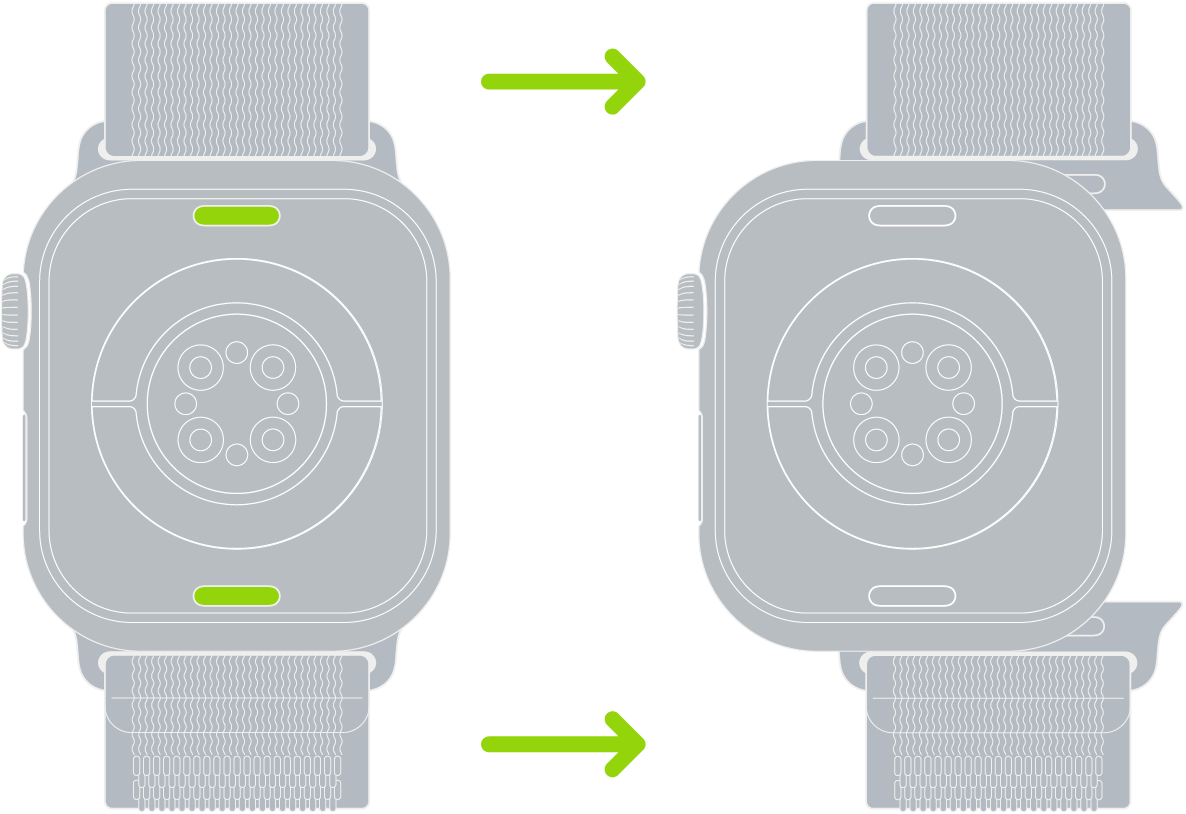 Deux images de l’Apple Watch. L’image de gauche affiche le bouton pour défaire le bracelet. L’image de droite affiche un bracelet de montre partiellement inséré dans la fente.