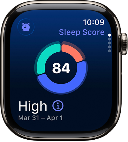 L’écran du score de sommeil affiche un score dans le centre de l’écran. Un score et le temps de sommeil s’affichent en bas à gauche de l’écran.