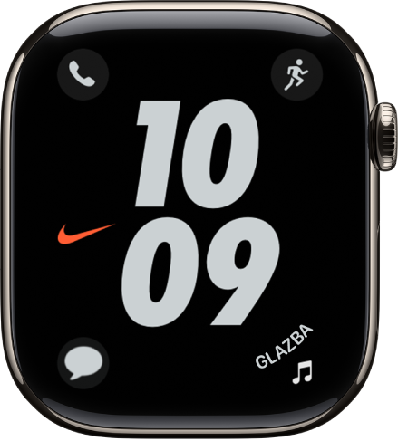 Brojčanik sata Nike s velikim brojevima prikazuje vrijeme po sredini. Prikazana su četiri dodatka: Telefon je u gornjem lijevom, Trening u gornjem desnom kutu, Poruke u donjem lijevom i Glazba u donjem desnom kutu.