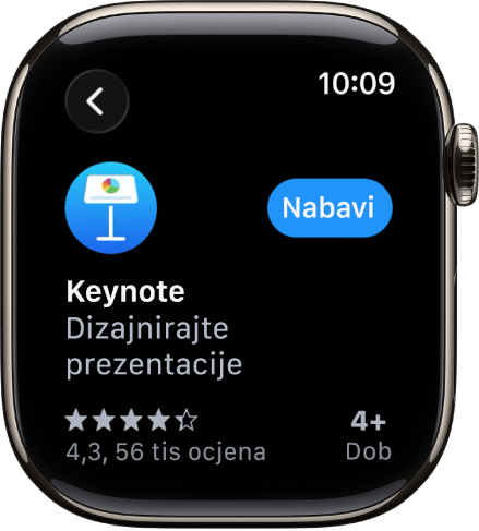 Na zaslonu App Storea prikazuje se stranica proizvoda za aplikaciju s kratkim opisom aplikacije, njenim ocjenama i tipkom Nabavi desno.