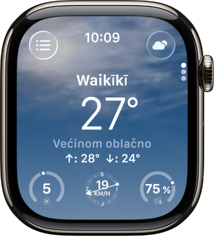 Aplikacija Vrijeme prikazuje pregled vremenskih prilika za taj dan. Naziv lokacije prikazuje se iznad trenutačne temperature. Tri tipke nalaze se na dnu – UV indeks, Brzina vjetra i Padaline. Gumb Popis lokacija nalazi se u gornjem lijevom kutu, a tipka Uvjeti nalazi se u gornjem desnom kutu.