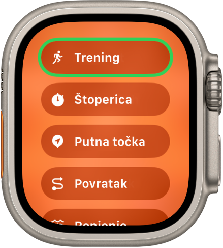 Zaslon Brzog prebacivanja s prikazom postupaka koje se mogu dodijeliti tipki Postupak, kao što su Trening, Štoperica, Putna točka i Povratak.