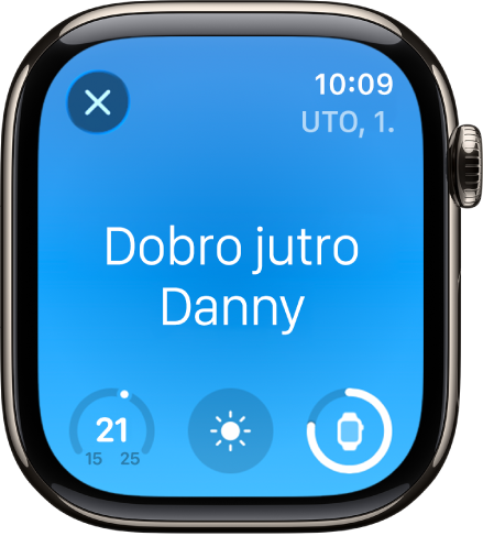 Apple Watch prikazuje zaslon buđenja. Riječi Dobro jutro prikazuju se pri vrhu. Ispod se nalazi temperatura, vremenski uvjeti i razina baterije.