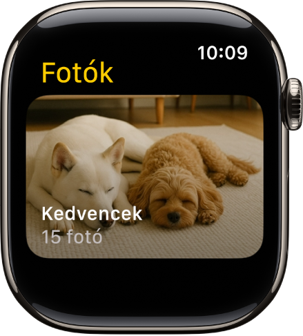 A Fotók app az Apple Watchon egy „Kedvencek” elnevezésű albummal.