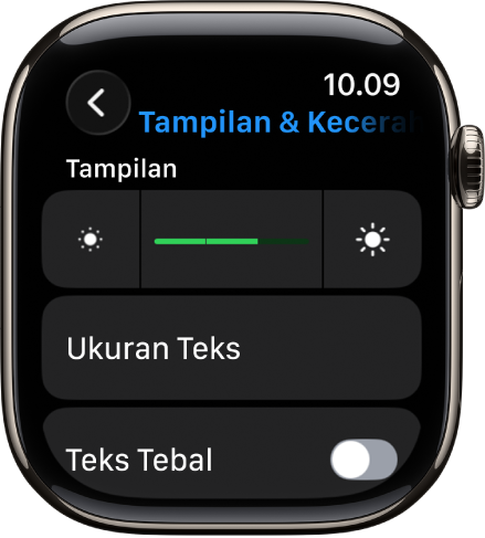 Pengaturan Tampilan & Kecerahan di Apple Watch, dengan penggeser Kecerahan di bagian atas dan tombol Selalu Nyala di bawah.
