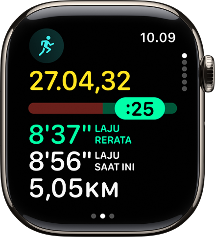 App Olahraga di Apple Watch menampilkan tampilan Pengatur Laju dalam olahraga Berlari di Luar. Di bagian atas adalah durasi lari. Di bagian bawah ini adalah penggeser yang menunjukkan seberapa unggul atau tertinggal Anda dari kecepatan Anda. Laju Rata-Rata, Laju Saat Ini, dan Jarak ada di bawah.