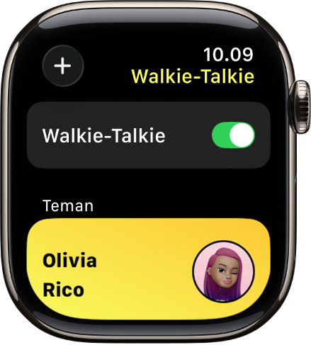 Layar Walkie-Talkie menampilkan pengalih Walkie-Talkie di dekat bagian atas dan teman di bagian bawah.