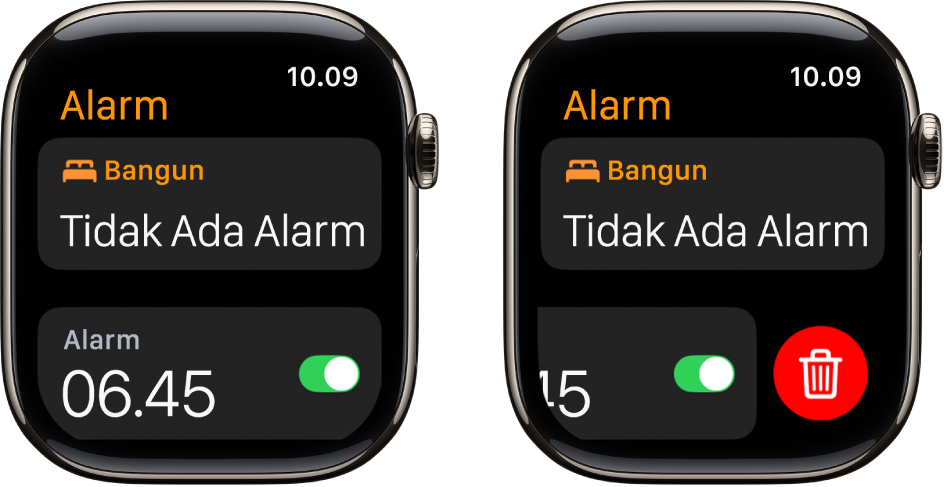 Dua layar jam menampilkan proses untuk menghapus alarm.