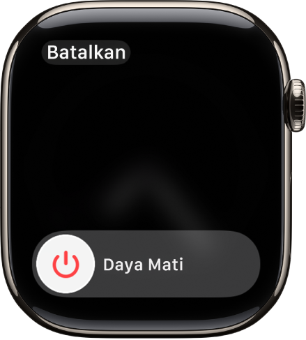Layar Apple Watch menampilkan penggeser Daya Mati. Seret penggeser untuk mematikan Apple Watch.