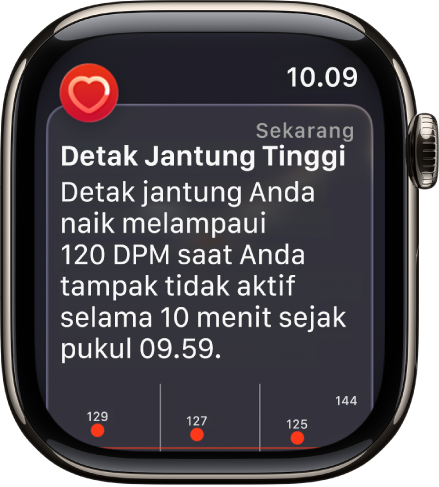 Layar Peringatan Detak Jantung menunjukkan bahwa detak jantung tinggi telah terdeteksi.