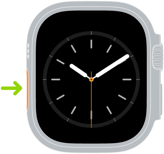 Immagine di Apple Watch Ultra con una freccia che indica il tasto Azione sul lato sinistro.