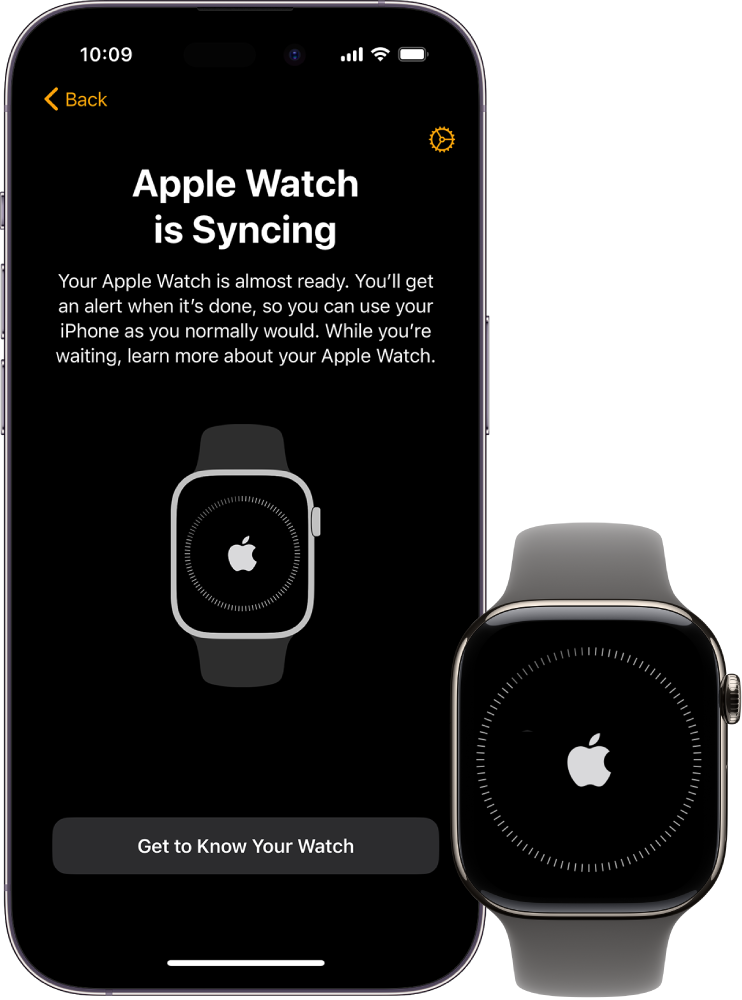 Rodomi „iPhone“ ir „Apple Watch“ sinchronizavimo ekranai.